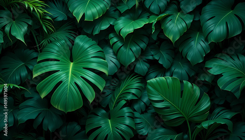 Wallpaper Mural Lush tropical foliage  vibrant green leaves  deep emerald hues large glossy leaf textures dense jungle plant life exotic botanical pattern dark moody Torontodigital.ca