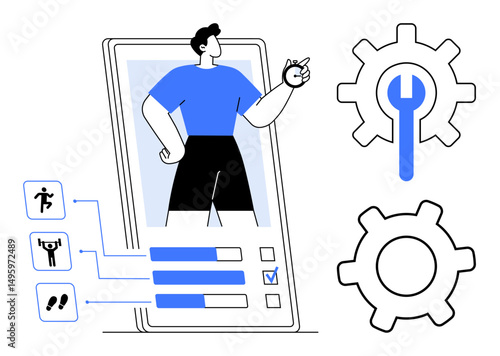 Smartphone screen displaying fitness tracking dashboard with activity data, user figure, and gear icons symbolizing customization. Ideal for health, fitness, technology, app interface, settings
