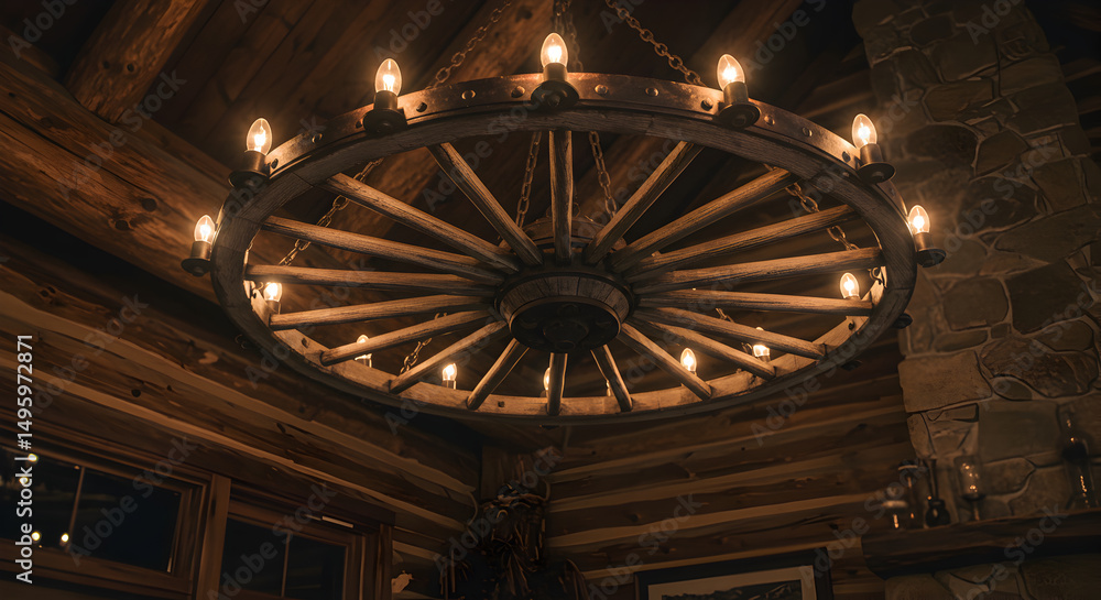 Obraz premium Rustic Chandelier Illuminating a Cozy Wooden Cabin Interior With Natural Charm