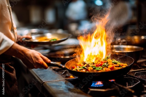 Fotografie A chef skillfully tosses vibrant vegetables in a sizzling pan over high heat, creating flames in a bustling kitchen during the evening service
