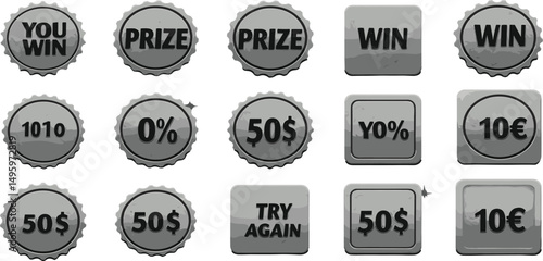 Lottery scratch inspiring words - scuffed weathered monochrome geometric label templates.