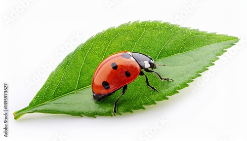 ladybug sitting on green leaf isolated on white background