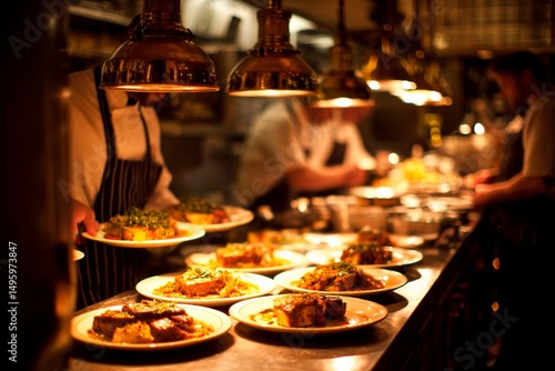 Chefs work diligently in a heated kitchen, plating various gourmet dishes under warm, glowing lights while food is being served to eager diners during an evening rush