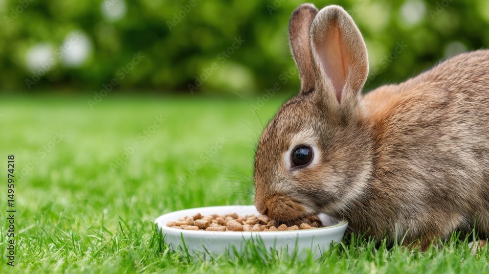 Fototapeta premium A brown baby rabbit eats from a small bowl in the grass, enjoying a meal in a green backyard.