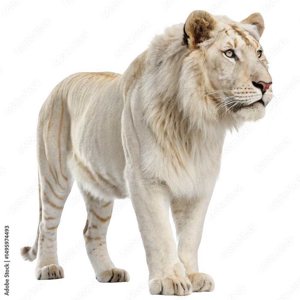 Obraz premium A white lion stands staring isolated on transparent background