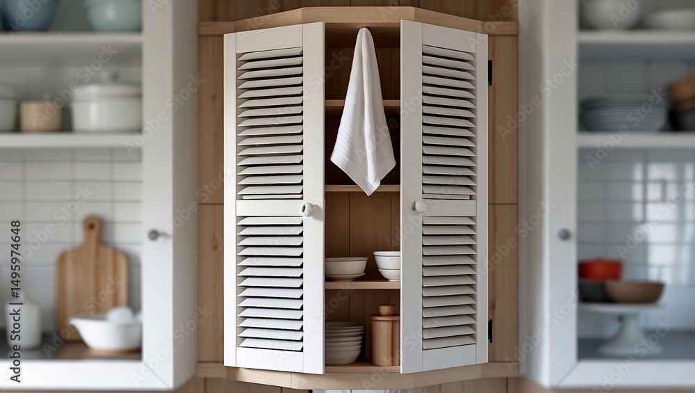 Fototapeta premium Stylish kitchen with louvered shutter cabinet and towel