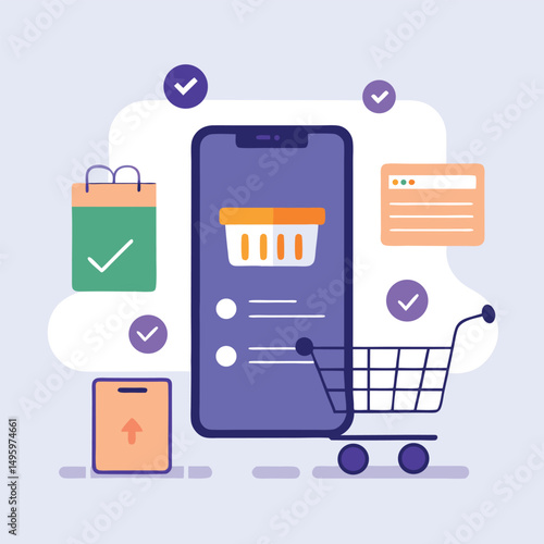 Mobile Shopping App Interface Design with Checklist and Cart