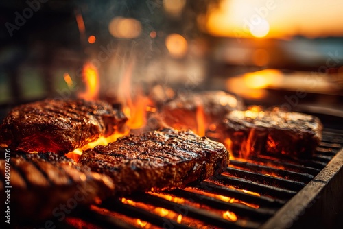 A backyard barbecue features sizzling steaks on a grill, flames dancing around them as the sun sets in the background, creating a warm, inviting atmosphere for outdoor dining