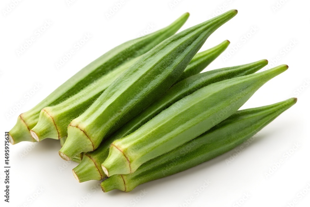 Fresh green okra pods stacked on a white background in studio, okra, ladies fingers, vegetable, green, fresh, food, healthy, raw, organic, ingredient, isolated, white background, studio shot, close up Fresh green okra pods stacked on a white background in studio, okra, ladies fingers, vegetable, green, fresh, food, healthy, raw, organic, ingredient, isolated, white background, studio shot, close up