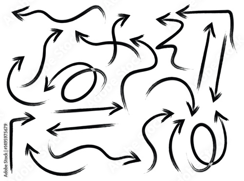 Hand-Drawn Arrow Set – A collection of brush-style sketch arrows, featuring doodle-like pointers, curved lines, spirals, and chaotic swirls. Artistic and expressive design elements