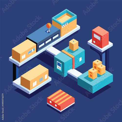 Isometric Illustration of Automated Package Sorting System