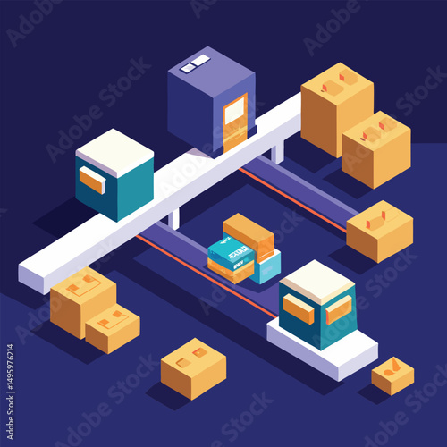 Isometric Illustration of Automated Warehouse Package Sorting System