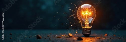 A shattered lightbulb on a dark background, symbolizing the potential energy within even broken things, the power found in overcoming setbacks  ,  vulnerability,  failure