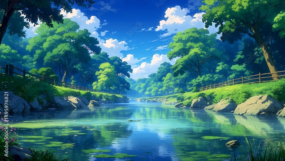 Fototapeta premium Tranquil river landscape in a dreamy anime setting