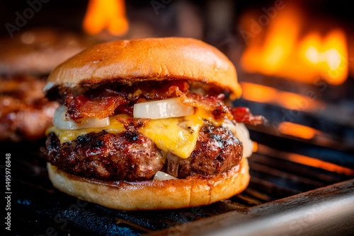Fotografía Juicy burger stacked with melted cheese, crispy bacon, and onions sits on a grill