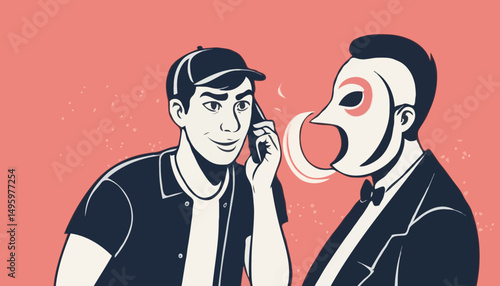 Phone scam, fraud or stealing money crime, cyber online safety hacking, thief with fake phone call or chat, illegal dishonesty concept, thief stealing money from mask talking on scam phone call