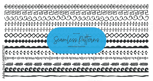 Set of hand-drawn decorative borders and seamless patterns. Tribal, boho, ethnic, and doodle style elements. Perfect for design, scrapbooking, and decoration.