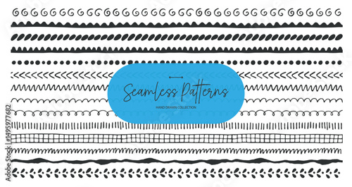 Collection of seamless hand-drawn pattern brushes and borders. Decorative lines in doodle and sketch style for design, crafts, scrapbooking, and digital projects.