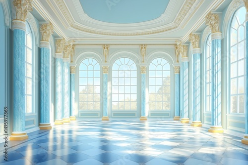 Grand hall with large windows in palace or castle, surrounded by lush greenery