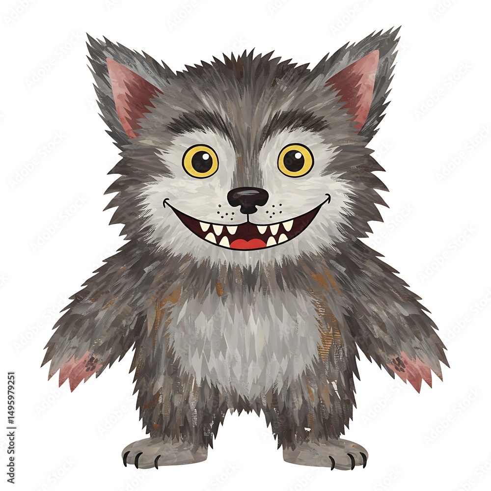 Obraz premium Cute Cartoon Wolf Character Smiling with Big Teeth on White Background