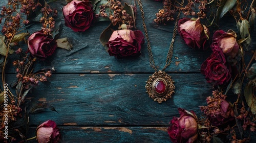 Antique necklace, dried roses, wooden background, vintage aesthetic, jewelry advertisement
