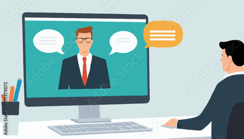 Online video interview, meeting discussion or teaching e-learning, job interview or employment, talk or chat with colleague, conference call, businessman talking on computer laptop online intervieW