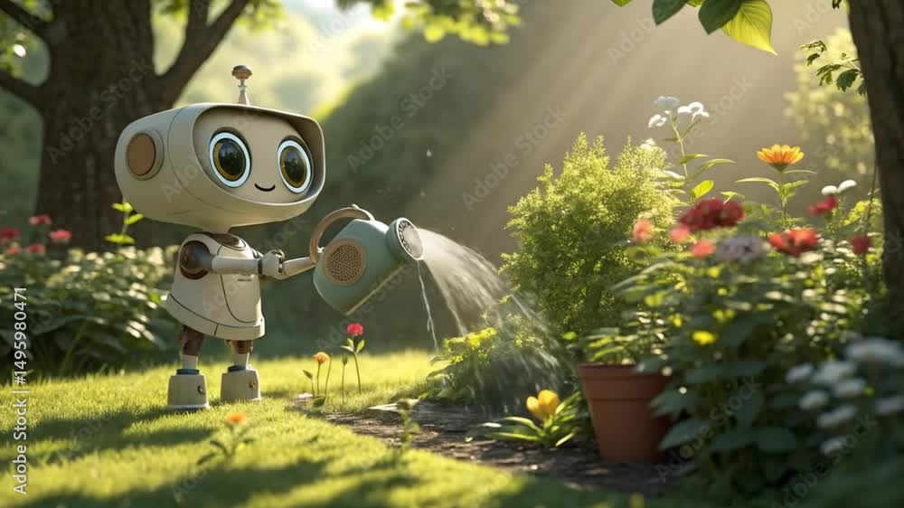 Cute robot watering flowers in garden, ai generated gardening robot, robot gardener, garden care robot