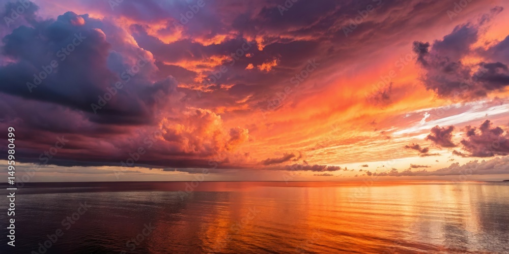 Obraz premium A dramatic sunset over a calm ocean with colorful clouds reflecting in the water