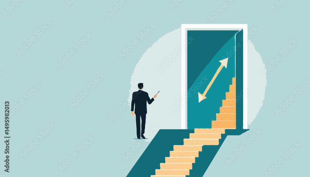 Stairway to new opportunity, success path or open door to career chance, leadership improvement, progress or solving problem concept, businessman open arrow up door to walk up stair to succes Stairway to new opportunity, success path or open door to career chance, leadership improvement, progress or solving problem concept, businessman open arrow up door to walk up stair to succes