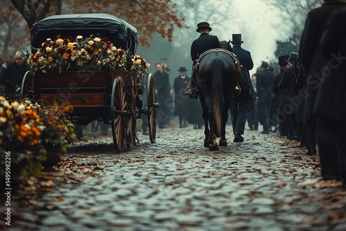 Solemn horse-drawn hearse carrying a floral tribute, surrounded by mourners