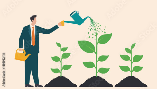 Compound interest growth, savings, investment or wealth accumulation formula, interest rate principal, profit or earning, prosperity concept, businessman watering compound interest seedling growt