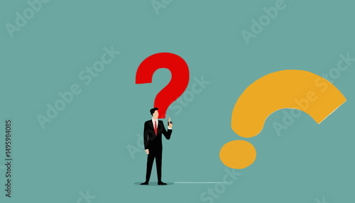 Problem solution, solve question mark, uncertainty or confusion, advice decision or challenge to overcome issue, trouble or difficulty concept, businessman cut question mark metaphor of resolutio