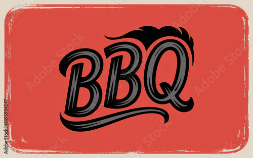 Illustration of bbq text in black with a flame on a red background plate