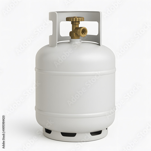 Close-up of a white propane tank with brass valve.