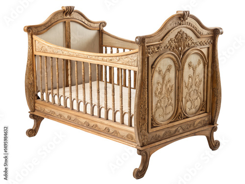 Ornate wooden baby crib view isolated on transparent background