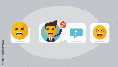Customer satisfaction survey, service quality feedback, rating or opinion, user experience emoticon, angry or smile face review, client questionnaire concept, man shouting with satisfaction emotico
