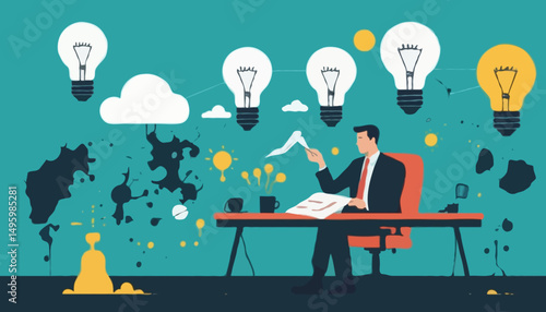Problem solving, solution or strategic thinking, creativity to solve frustrated problem, contemplation on messy issue, opportunity discovery, businessman thinking with mess problem and lightbulb ide