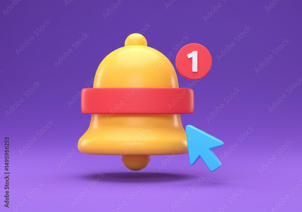 Notification Bell with New Message and Cursor on Purple Background Notification Bell with New Message and Cursor on Purple Background