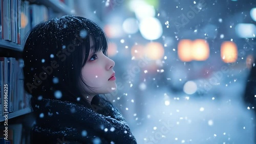 Winters Embrace Girl gazing through snowfall