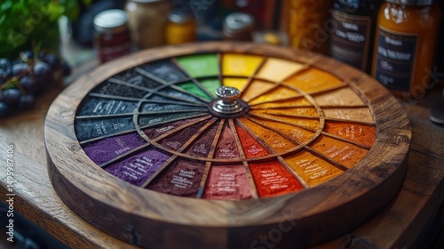 Fototapeta Naklejka Na Ścianę i Meble -  Colorful spice wheel, kitchen, ingredients, background jars