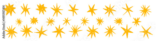Hand drawn cute star doodle stars scrapbook underline text, comic illustration in sketch grunge style. Chalk crayon yellow bright stroke smear vector illustration elements. 