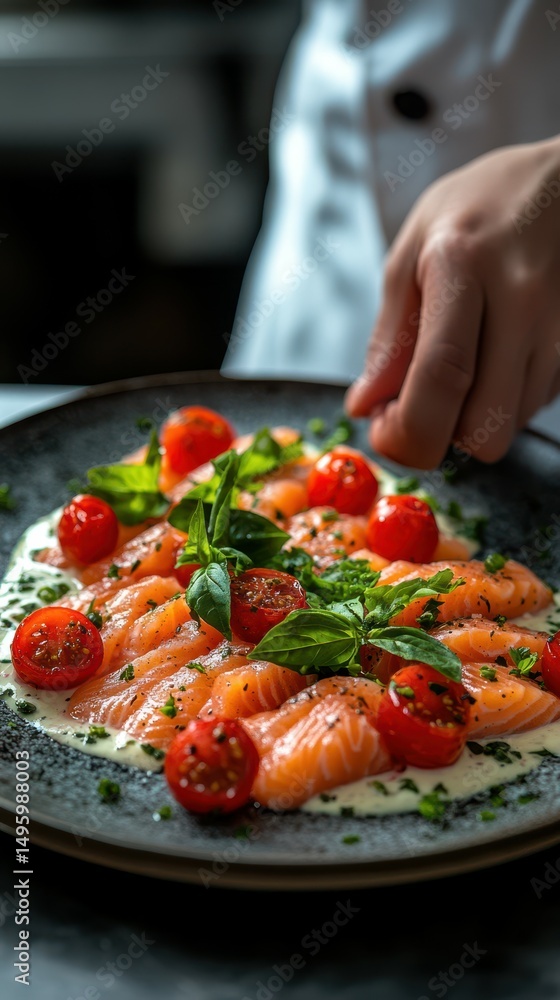 Fresh salmon fillet garnished with cherry tomatoes and basil in a modern kitchen setting Fresh salmon fillet garnished with cherry tomatoes and basil in a modern kitchen setting