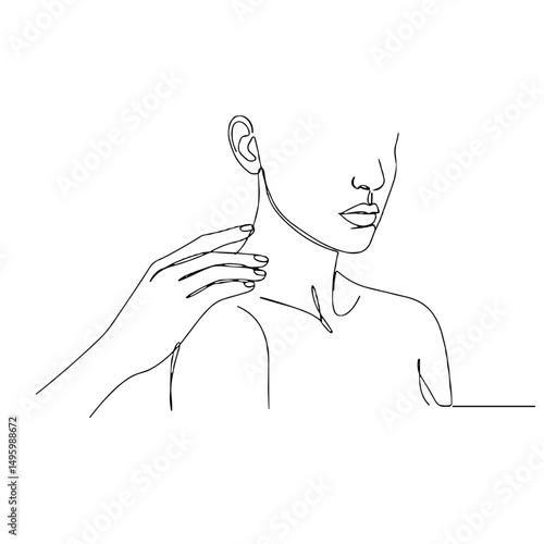 Hand gently touching a woman's shoulder in a minimalist line art style