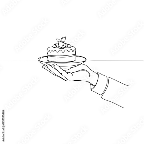Hand holding a dessert plate with a cake in a minimalist line art style