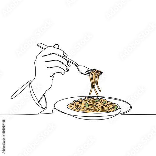 Hand holding a fork with spaghetti on a plate in a minimalistic setting