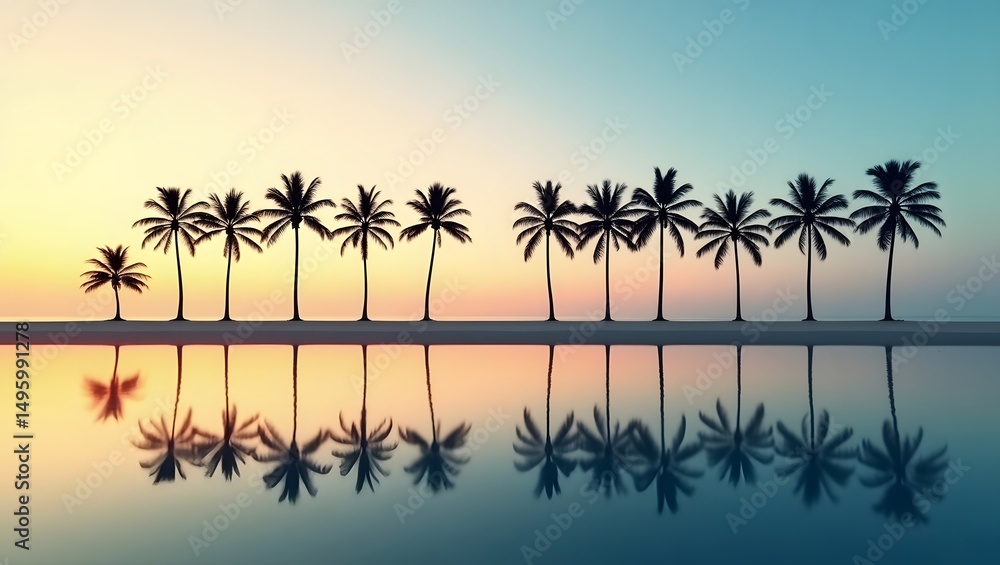 Fototapeta premium Tropical Paradise Silhouette: A serene view of the beach, featuring silhouette palm trees reflecting beautifully in calm waters.