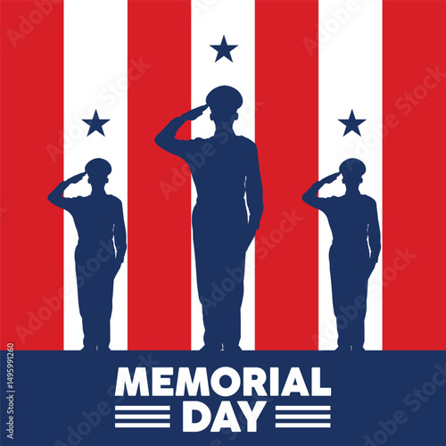 Three silhouette soldiers salute vertically against patriotic red/white stripes, dark blue uniforms, with bold "MEMORIAL DAY" banner. Minimalist, solemn tribute in flat vector style, honoring service 