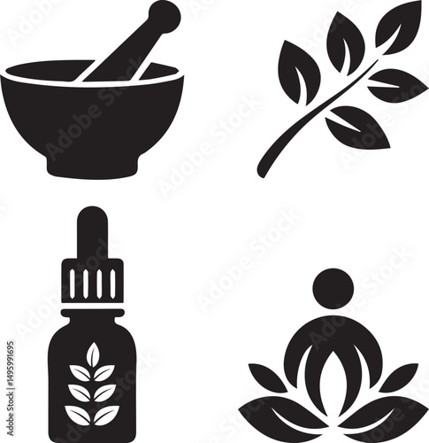 A set of herbal medicine icon with  mortar and pestle with herbs