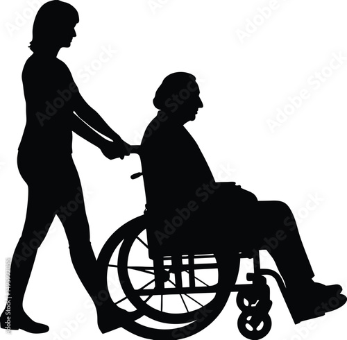 women pushing wheelchair with patient silhouette 