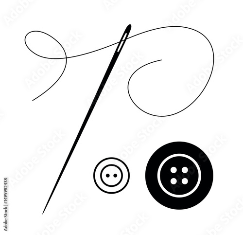 Sewing needle, thread and button icon. Attribute of tailor, needlework or seamstress. Symbol of sewing, fabric or factory.